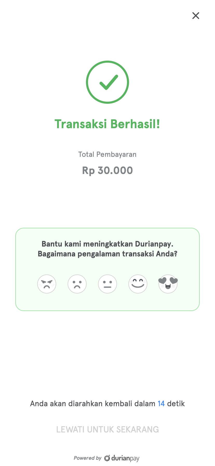 payment success screen, durianpay